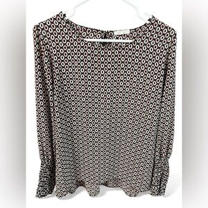 Pleione Black & White Geometric Dot Print Blouse W/Smocked Sleeves! Size Medium.